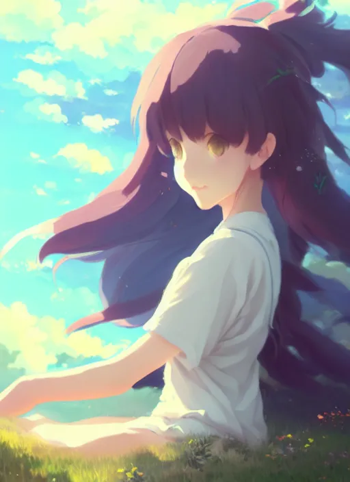 Prompt: portrait of cute catgirl, cloudy sky background lush landscape illustration concept art anime key visual trending pixiv fanbox by wlop and greg rutkowski and makoto shinkai and studio ghibli