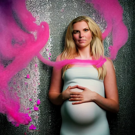 Prompt: a beautiful blonde pregnant woman, in front of 9 / 1 1 with pink smoke, 1 2 0 mm, clear details, award winning