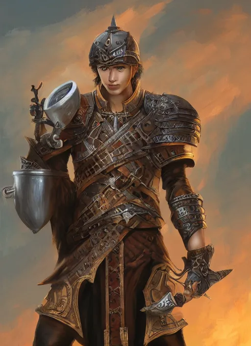 Image similar to Young man, slim, pale, short black hair, wearing armor made of leather, holding a tankard of ale, digital art, realistic, D&D, detailed, trending on artstation, sea in the background