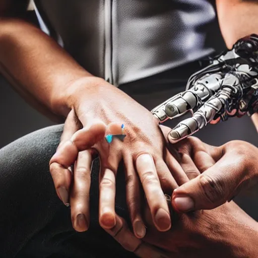 Prompt: futuristic cyborg holding hands with homo habilis, hd photograph, photo in a studio room