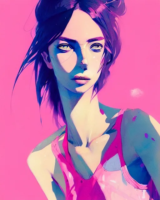 Image similar to a ultradetailed beautiful painting of a stylish woman in a pink tank top, by conrad roset, greg rutkowski and makoto shinkai trending on artstation