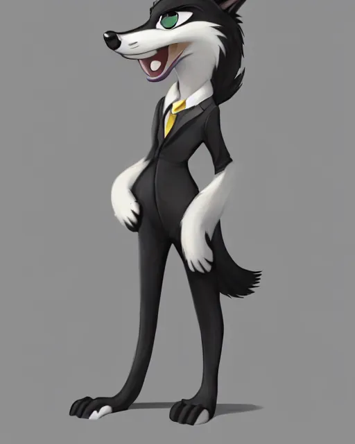 Image similar to digital painting full body of anthromorphic furry female wolf, in style of zootopia, female fursona, furry, furaffinity, 4 k, deviantart, furry art, fursona art, wearing black business suit, wearing black business suit, wolf fursona, female, very expressive detailed feminine face,