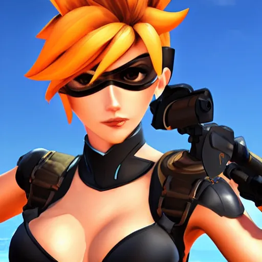 Prompt: tracer game character, in black bikini, blonde hair, black eyes, full height