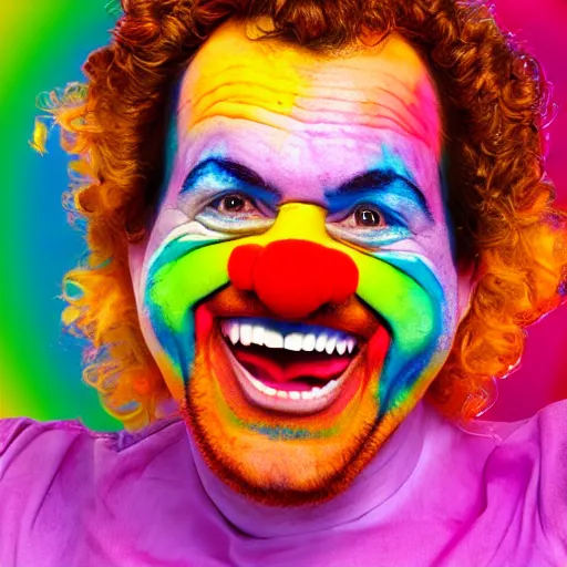 Prompt: Portrait of a colorful happy joyful clown