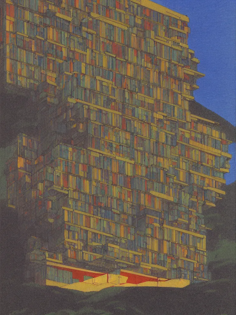 Prompt: a psychedelic hallucination of a brutalist hotel in the mountains, by kawase hasui, moebius, edward hopper, colorful flat surreal design, dramatic lighting, hd, 8 k, artstation