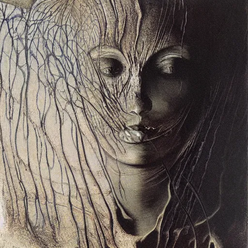 Image similar to the queen of the sun by zdzislaw beksinski and h. r. giger, oil on canvas
