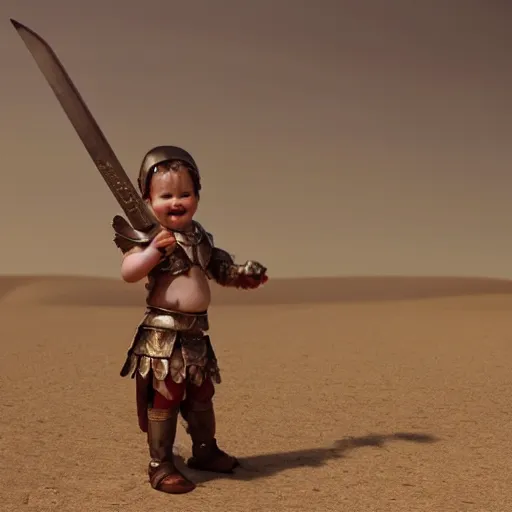 Image similar to cinematic shot of a cute baby wearing ancient roman armor and holding a sword in a desert, 8 k, very detailed, very intricate,