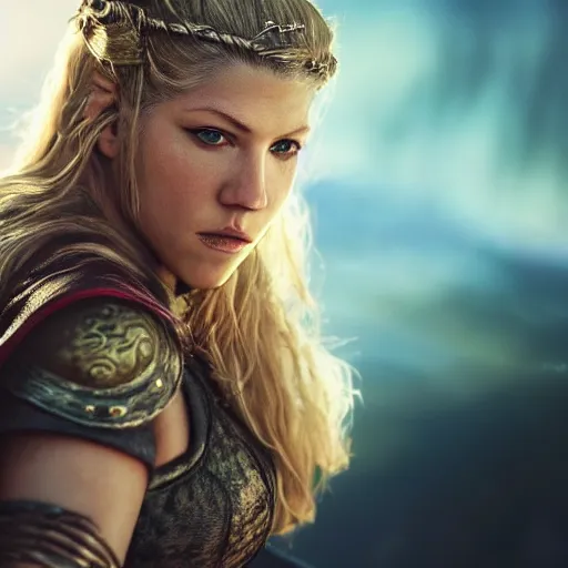 Image similar to portrait art of katheryn winnick, lagertha, vikings, 8 k ultra realistic, lens flare, atmosphere, glow, detailed, intricate, full of colour, cinematic lighting, trending on artstation, 4 k, hyperrealistic, focused, extreme details, unreal engine 5, cinematic, masterpiece