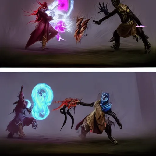 Image similar to a necromancer is fighting a warlock with magic spells , epic fight scene , Grim fantasy, illustration , concept art,