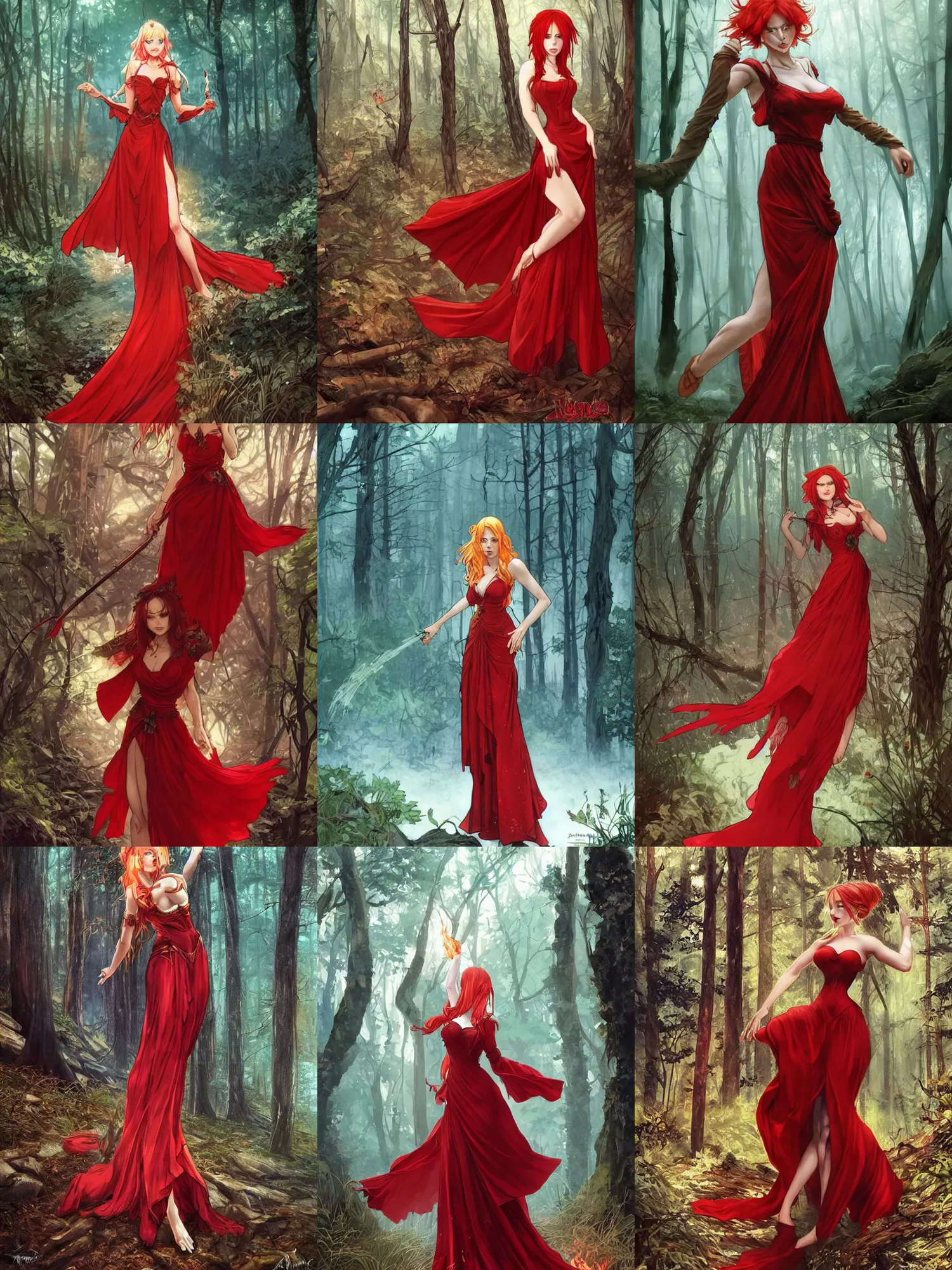 Prompt: picture of a female pyromancer in the woods, elegant red dress, long side open skirt, white skin, red hair, red lipstick, blue eyes, fire everywhere, high fantasy, dnd, highly detailed, detailed face, manga illustration, by artgerm, greg rutkowski, alphonse mucha