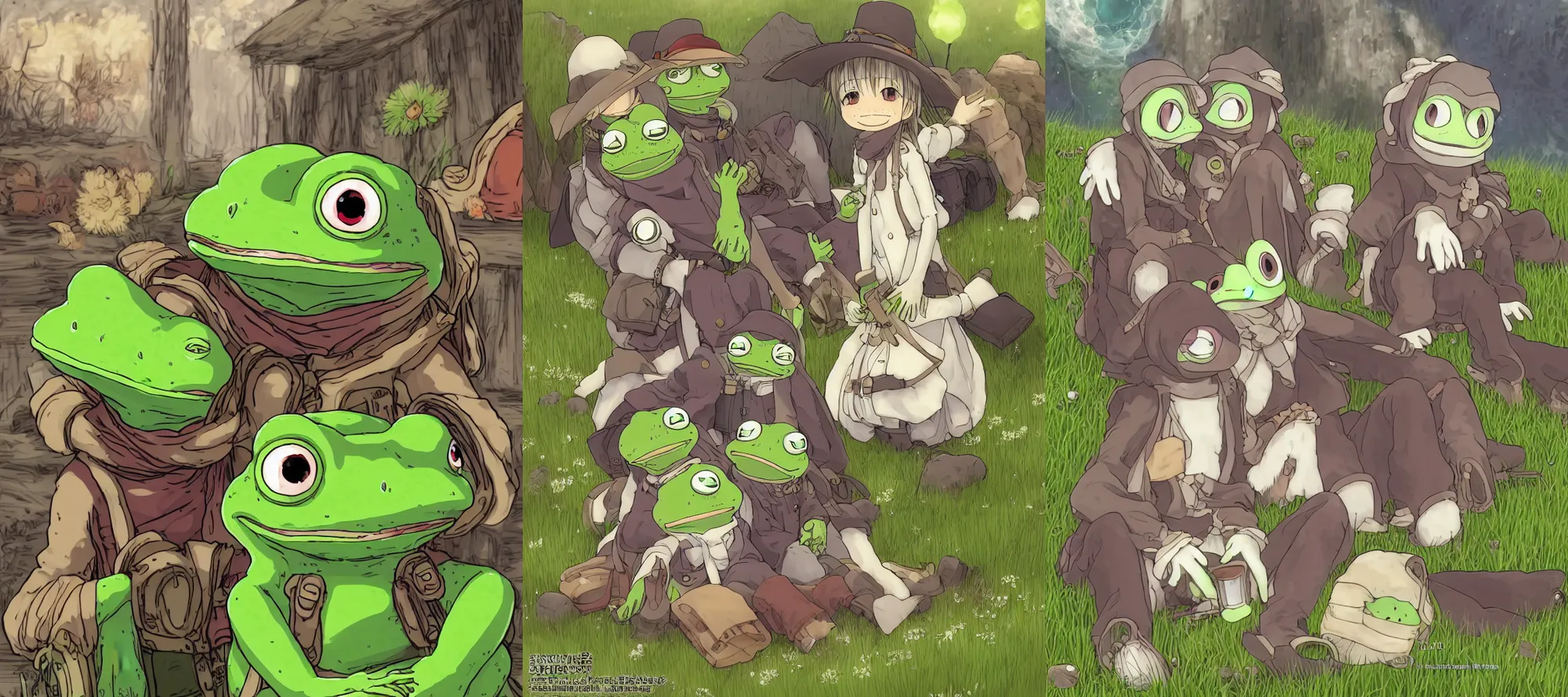 Prompt: resolution happiness of pepe love and life made in abyss read dead redemption 2 ivory dream like storybooks the agonies of transformation ,ascension into something greater the background primordial environment ancient mythical cavernous pepe the frog happy among family in a field sitting the value of love a clear prismatic sky, edge of nothingness love, warm ,Luminism, prismatic , fractals , pepe the frog , the feeling of loss art in the style of Akihito Tsukushi and and Arnold Lobel , claymation