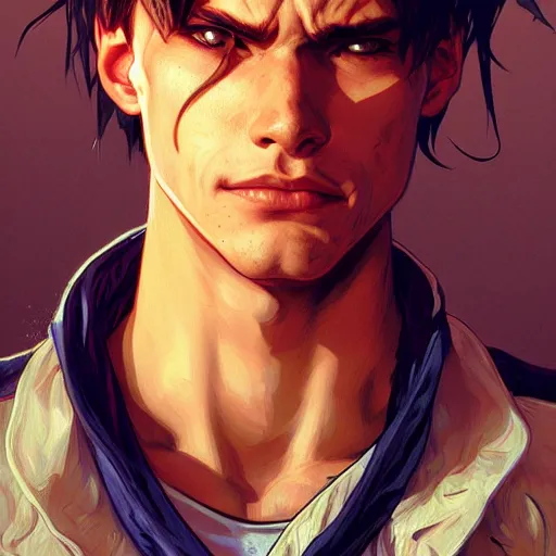 Image similar to character concept portrait, symmetrical head-on centralized, tired young man wearing tattered clothes. Detailed, high quality, dynamic lightning, fantasy. Artwork by Artgerm, WLOP, Alex Ross, Greg Rutknowski, Alphonse Mucha