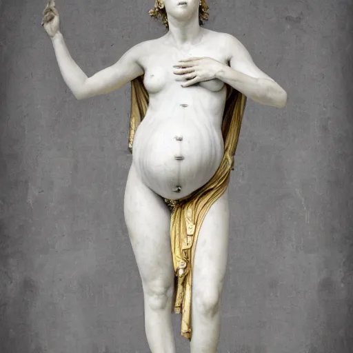 Prompt: a roman statue made of white marble with gold veins, of an beautiful pregnant woman, flowing roman dressm perfect symmetrical body, perfect symmetrical face, closed eyes, hyper realistic, hyper detailed, fujicolor superia, bokeh background, full body shot, by peter kemp, by monia merlo octane render, blender, 8 k