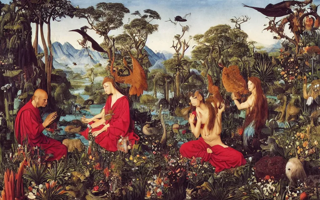 Image similar to a portrait photograph of a meditating harpy and a centaur king feeding tropical animals at a wide river delta. surrounded by bulbous flowers, animals, trees and mushrooms. mountain range under a vast blue sky of burning stars. painted by jan van eyck, max ernst, ernst haeckel and artgerm, cgsociety, artstation, fashion editorial