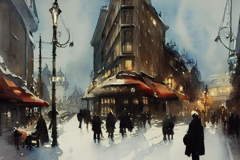 Prompt: abstract watercolor painting of stockholm street, winter, magical and traditional, cinematic light, cafe, sharp shadows, daylight, national romanticism by anders zorn, by greg rutkowski, by greg manchess