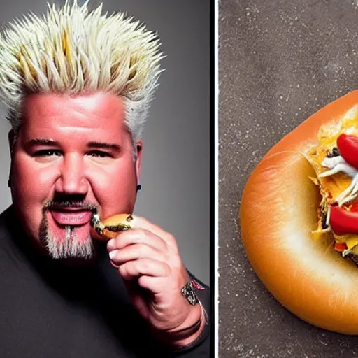 Image similar to guy fieri, studio lighting, the king of flavortown holds an infinite hot dog