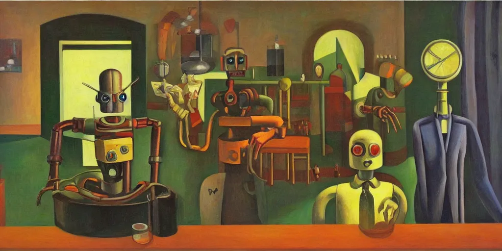 Prompt: devious robot with shifty eyes portrait, lowbrow, pj crook, grant wood, edward hopper, oil on canvas
