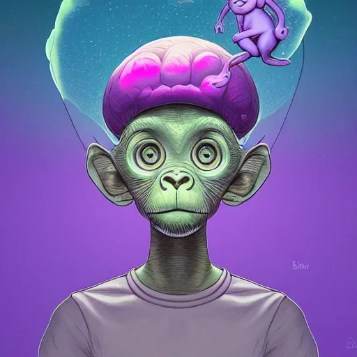 Prompt: a dreemy frontal portait drawing of a small cute purple monkey with a brain cap by inio, beeple and james jean, aya takano color style, trippy, 8 k, super detailed, night sky, digital art, digital painting, clean