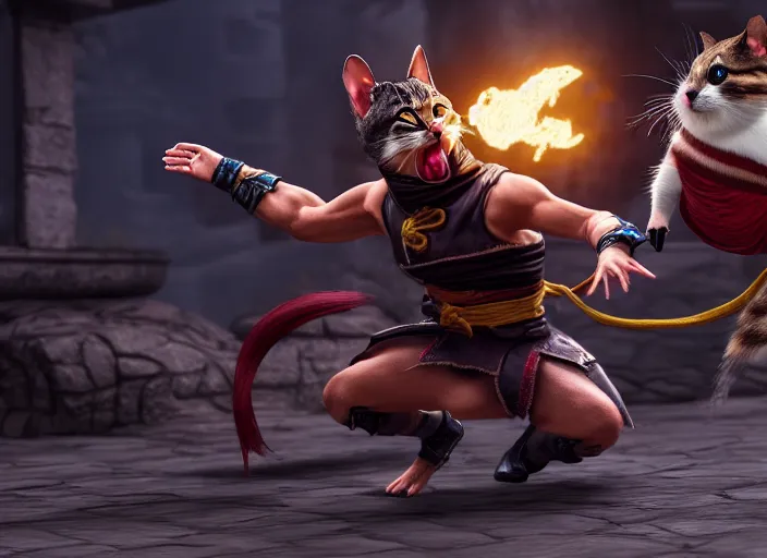 Image similar to hamster fights a cat in mortal kombat on the background of a laughing shao khan. fantasy magic style. highly detailed 8 k. intricate. lifelike. soft light. sony a 7 r iv 5 5 mm. unreal engine with nanite and path tracing