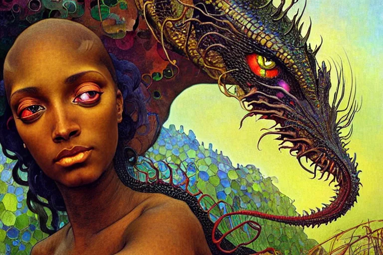 Image similar to realistic extremely detailed closeup portrait painting of a beautiful black woman, mutant dragon and a single old house on background by Jean Delville, Amano, Yves Tanguy, Ilya Repin, Alphonse Mucha, Ernst Haeckel, Edward Robert Hughes, Roger Dean, rich moody colours