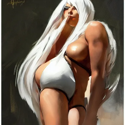 Image similar to greg manchess portrait painting of 2 b nier automata in a bikini, white long hair, organic painting, sunny day, matte painting, bold shapes, hard edges, street art, trending on artstation, by huang guangjian and gil elvgren and sachin teng