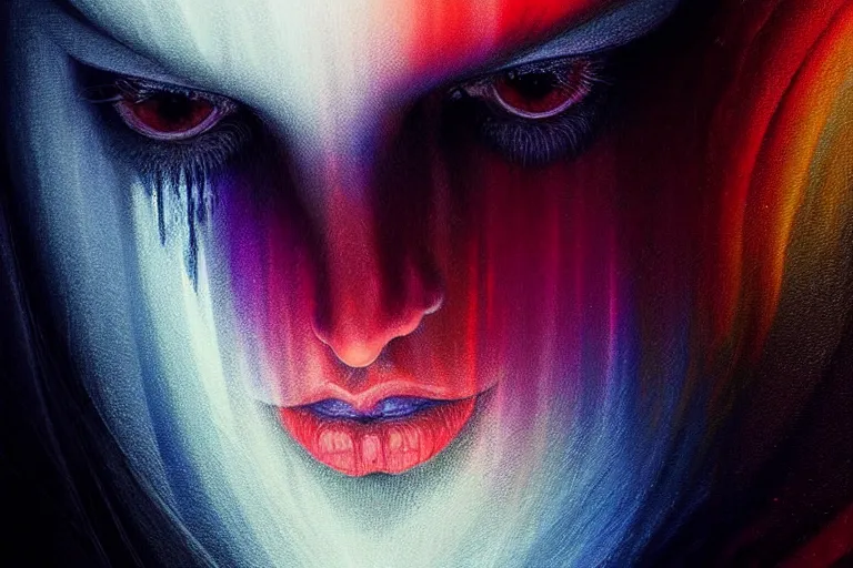 Prompt: abstract face made from narrow vertical streaks of color, fantasy, intricate, elegant, dramatic lighting, emotionally evoking symbolic metaphor, highly detailed, lifelike, photorealistic, digital painting, artstation, concept art, smooth, sharp focus, illustration, art by john collier and albert aublet and krenz cushart and artem demura and alphonse mucha
