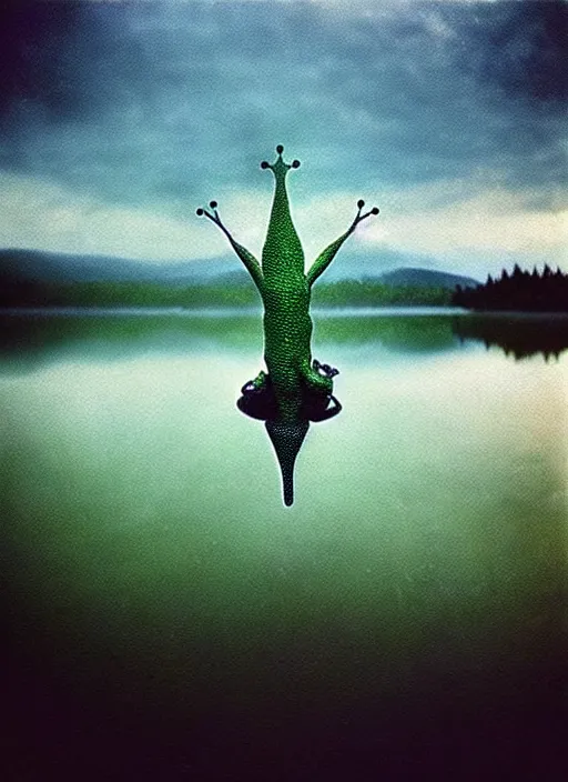 Prompt: “frog unicorn vertically hovering above misty lake waters in jesus christ pose, low angle, long cinematic shot by Andrei Tarkovsky, paranormal, eerie, mystical”