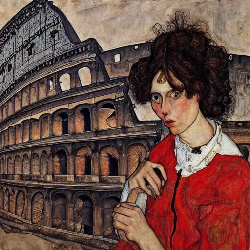 Image similar to a highly detailed painting by egon schiele and caravaggio of a young woman with long black hair having an existential crisis on a terrace overlooking the colosseum, 4 k