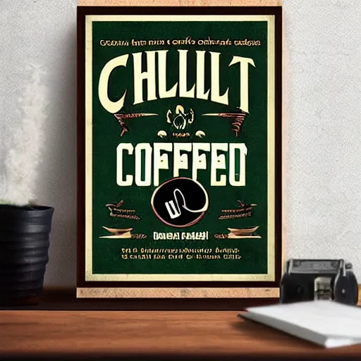 Image similar to Poster or sign for Cthulhu coffee, dark blend, course grind, cappuccino, latte