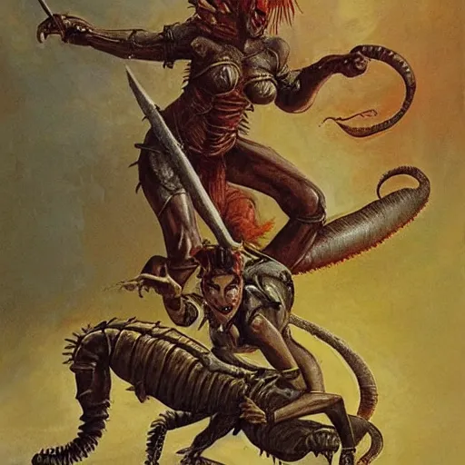 Prompt: female human warrior fighting a giant centipede demon frazetta