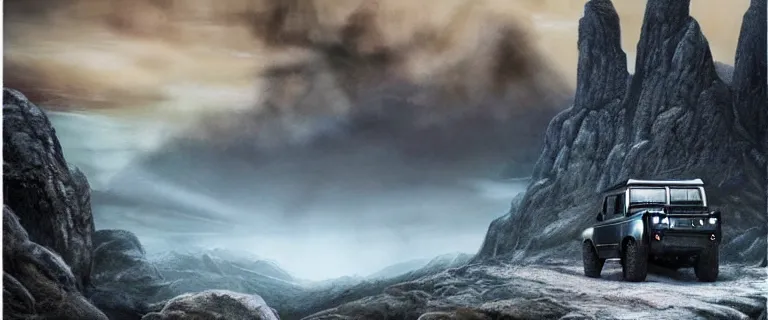 Image similar to Land Rover Defender 110 (1985), an epic fantasy, dramatic lighting, cinematic, establishing shot, extremely high detail, photorealistic, cinematic lighting, artstation, by simon stalenhag, The Elder Scrolls V: Skyrim, Whiterun Hold, Burning Dragonsreach castle in the distance, Battle for Whiterun city, Stormcloaks vs Imperials, Swarms of Stormcloaks and Imperials fighting eachother, Intense fighting, Whiterun city burning, Skyrim Civil War, High casualties, blood and dead soldiers