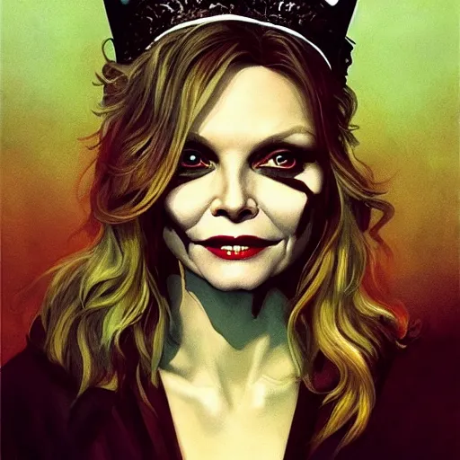 Image similar to michelle pfeiffer is the queen of the undead, portrait painting, medium shot, asymmetrical, profile picture, organic painting, sunny day, matte painting, bold shapes, hard edges, street art, trending on artstation, by huang guangjian, m and gil elvgren and sachin teng