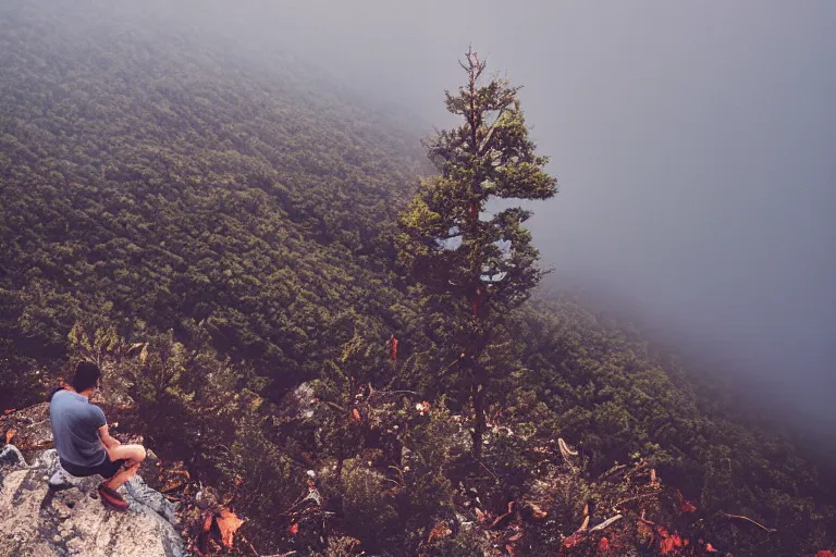 Image similar to holy discord moderator on top of a tall mountain, blue fog, tornadoes surrounding, film photography, soft lighting, vignette