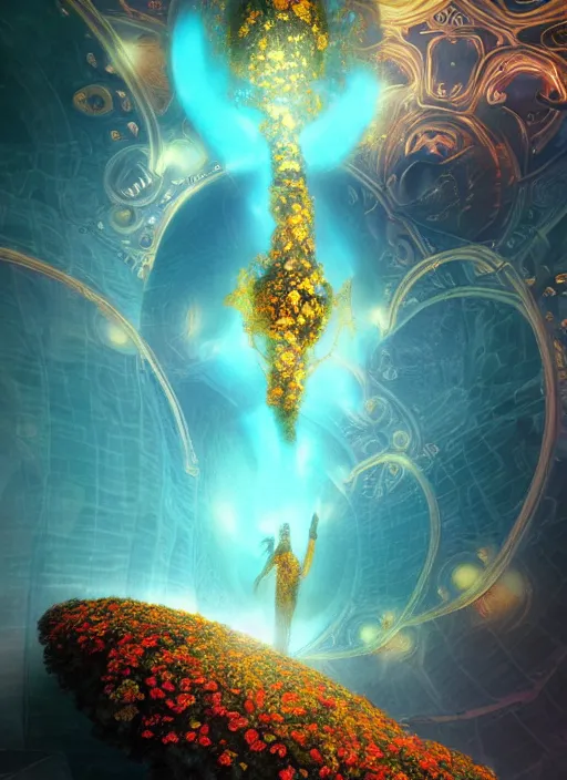 Image similar to flowers within the whole infinite capsule apparent with awe the apparition, an idea seep's into infinity highly detailed in volumetric latent space, golden turquoise steampunk, high contrast cinematic light, mystical shadows, sharp focus, divine realm of gods, octane render, artist by boris vallejo,