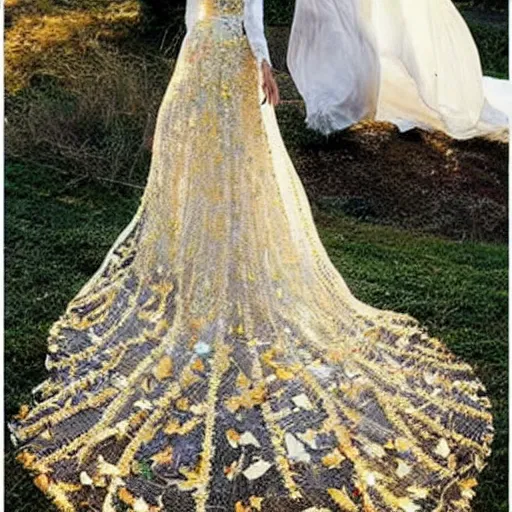 Image similar to a long wedding dress with a train made of flower petals made of light - colored fabric. transparent in places. in places, patterns of precious stones. intricate patterns of gold thin threads. fantasy. clear details