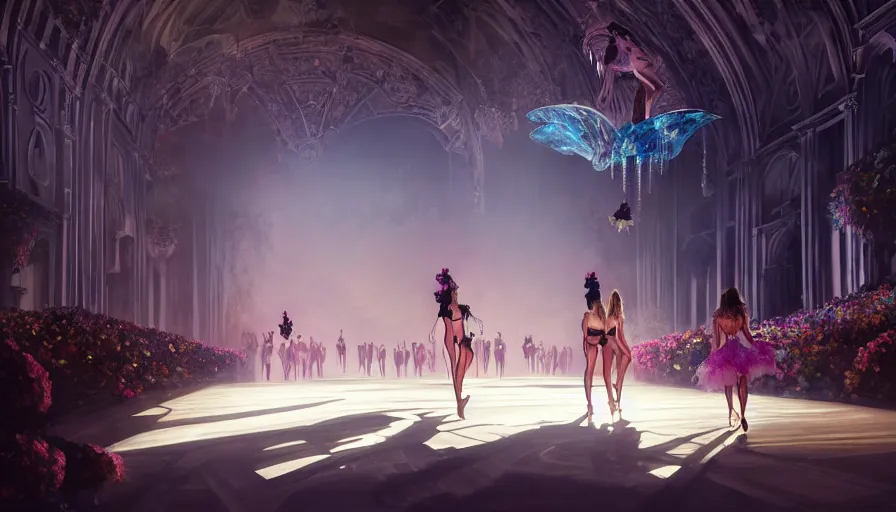 Image similar to victoria secret runway show, light, shadows, reflections, flowers, epic composition, intricate, elegant, volumetric lighting, digital painting, highly detailed, artstation, sharp focus, illustration, concept art, ruan jia, steve mccurry, wlop, artgerm, mina petrovic, timothy kong, marina federovna