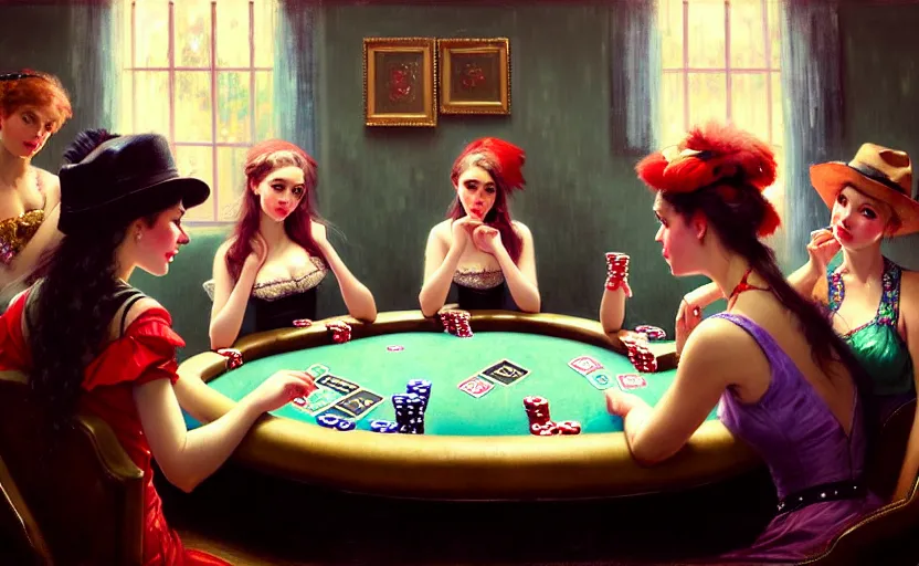 Image similar to portrait of several girls playing poker at a casino, highkey, realistic, serov, surikov, vasnetsov, repin, kramskoi, ultra realistic, depth of field insanely detailed, charlie bowater, tom bagshaw, norman rockwell, octane rendered, unreal engine, trending on artstation, 4 k