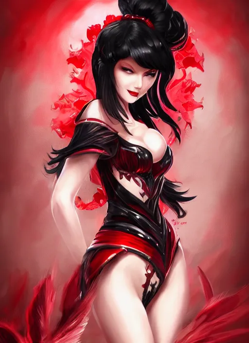 Image similar to a highly detailed illustration of beautiful long hime cut black hair woman wearing a red battle dress, red eyes, dramatic smile pose, intricate, elegant, highly detailed, centered, digital painting, artstation, concept art, smooth, sharp focus, league of legends concept art, WLOP