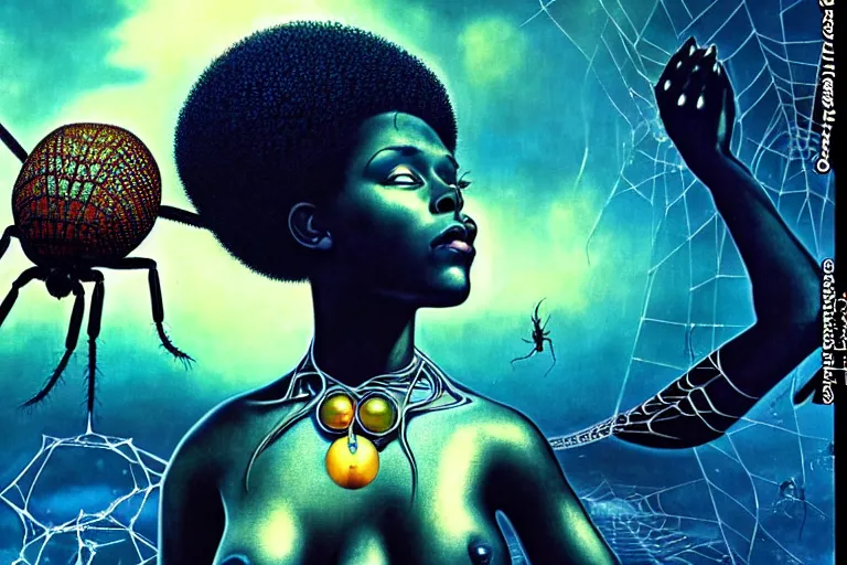 Image similar to realistic detailed photorealistic film portrait shot of a beautiful black woman with a giant spider, sci-fi city landscape background by Denis Villeneuve, Amano, Yves Tanguy, Alphonse Mucha, Ernst Haeckel, Max Ernst, Andrei Tarkovsky, Edward Robert Hughes, Roger Dean, necklace, dynamic pose, rich moody colours, wide angle, blue eyes