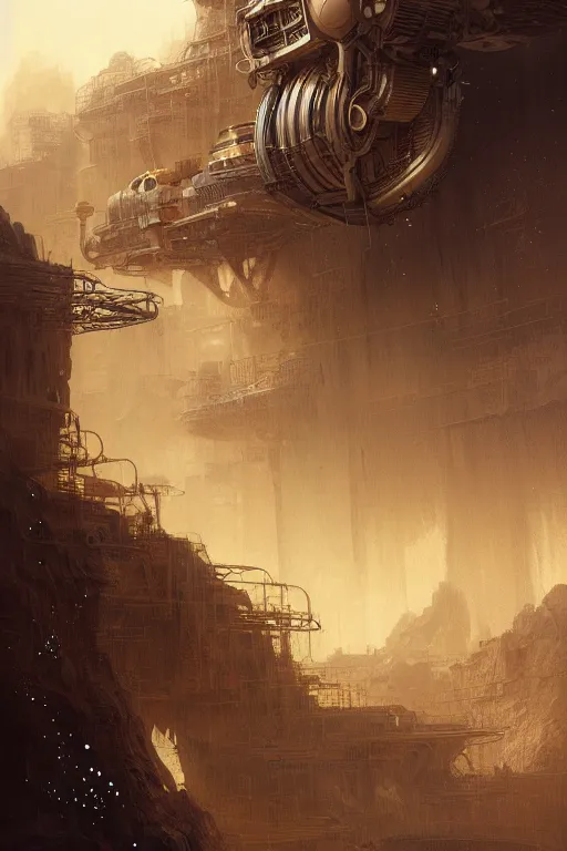 Image similar to factory on mars, yellow dust, high - tech, by wlop, by luis royo, by peter mohrbacher, concept art, digital illustration, intricate, masterpiece, elegant, super detailed, unreal engine rendering, smooth, sharp focus, artstation hq