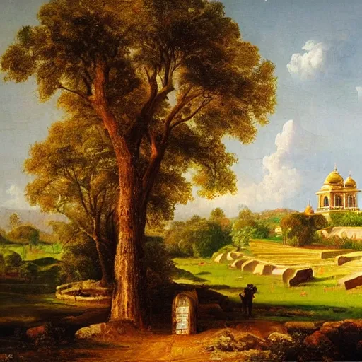 Prompt: classicism landscape oil paintings of india