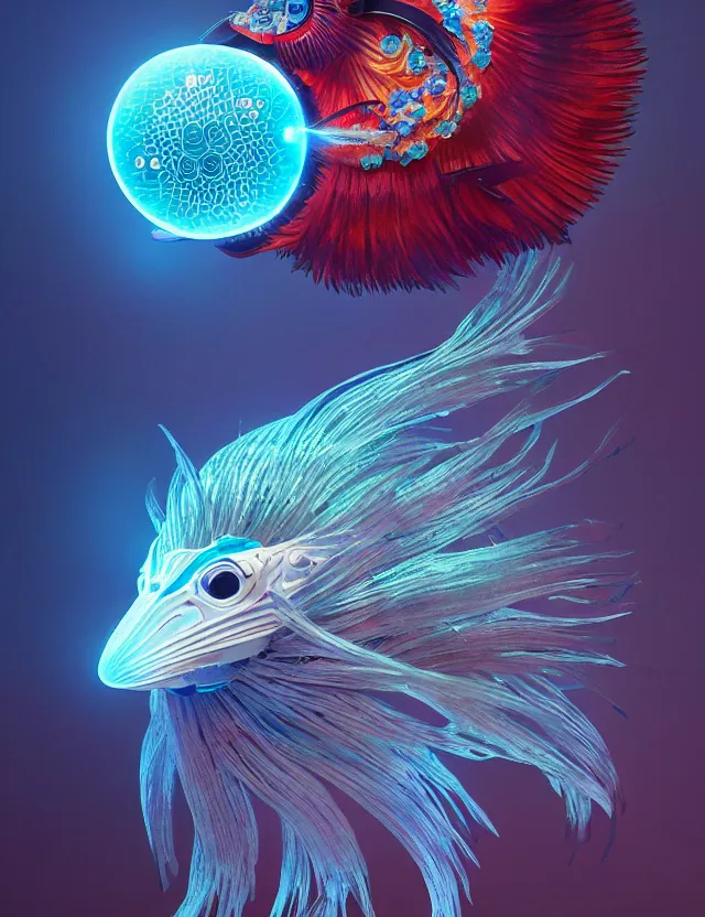 Image similar to 3 d eye of god. beautiful intricately detailed japanese crow kitsune mask and clasical japanese kimono. betta fish, jellyfish phoenix, bio luminescent, plasma, ice, water, wind, creature, artwork by tooth wu and wlop and beeple and greg rutkowski