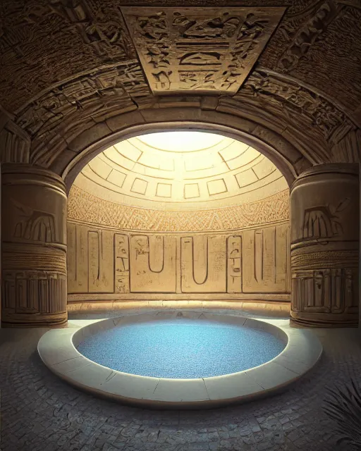 Image similar to greg rutkowski digital painting of an ornate and royal egyptian antechamber tomb, a circular pool in the tomb showing the galaxy, unreal engine, hyper realism, realistic shading, cinematic composition, blender render, octane render, hdr, detailed textures, photorealistic, ultrawide shot, 3 5 mm film
