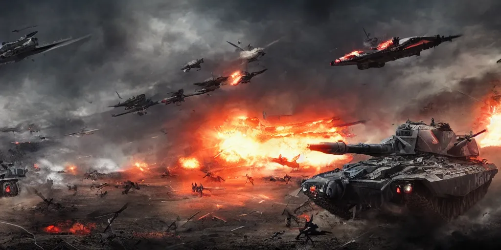 Prompt: World war 3, Huge battle, explosions, epic fight, shockwave, cinematic battle, vast, sense of scale, trending on art station, tanks, planes, bombers, infantry 8k