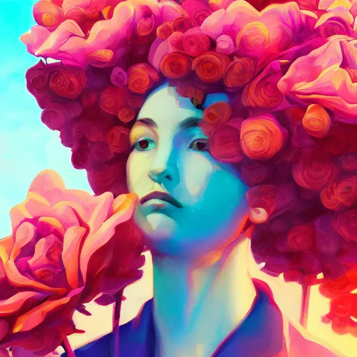 Image similar to closeup, giant rose flower head, portrait, a girl in a suit, surreal photography, sunrise, blue sky, dramatic light, impressionist painting, digital painting, artstation, simon stalenhag