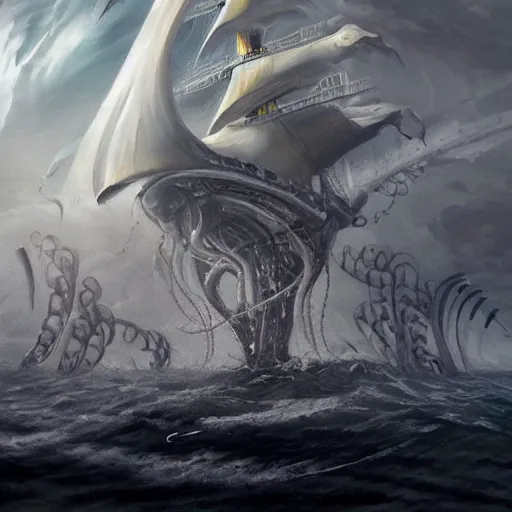 Prompt: a giant squid attacking a ship, its tentacles wrapping around the ship, the squids head peaking out of the water, trending on artstation, highly detailed, dramatic lighting