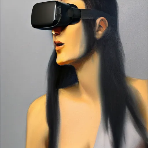 Prompt: a character in vr, oil painting, pale colors, high detail, 8 k, wide angle, trending on artstation,