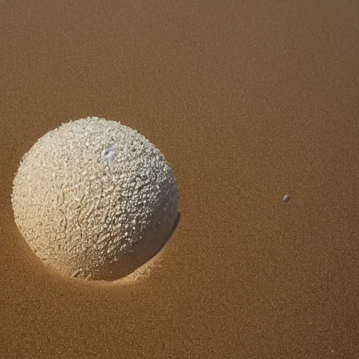 Prompt: ball made of Sand floating above water