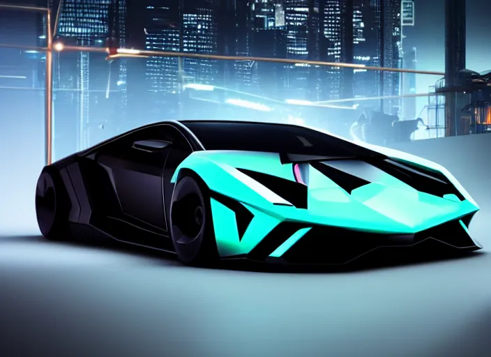 Image similar to cyberpunk lamborghini concept inspired car, futuristic look, highly detailed body, aerodynamic body, photorealistic camera shot, bright studio setting, studio lighting, crisp quality and light reflections, unreal engine 5 quality render