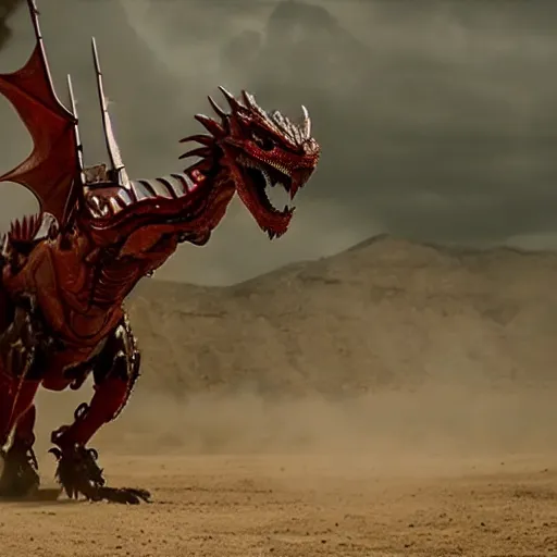 Image similar to cinematic still of westworld, a full body red stunning intricate si - fi robotic fantasy dragon, well armored mech dragon, highly detailed